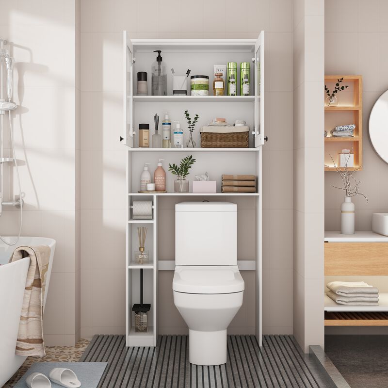 FUFU&GAGA White Over-the-Toilet Storage Cabinet with Adjustable Shelf & Retractable Tissue Holder, Modern Design, Spacious Storage (71.9" H x 32.2" W x 10.5" D), White image number 3