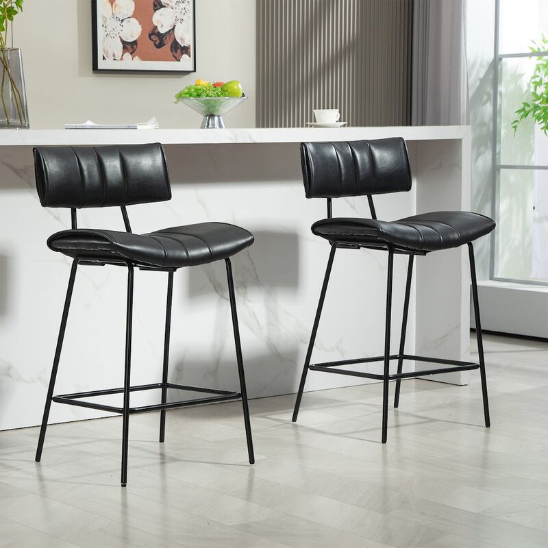 Glamour Home Set of 2 Belita Black Faux Leather Counter Stool with Black Metal Legs