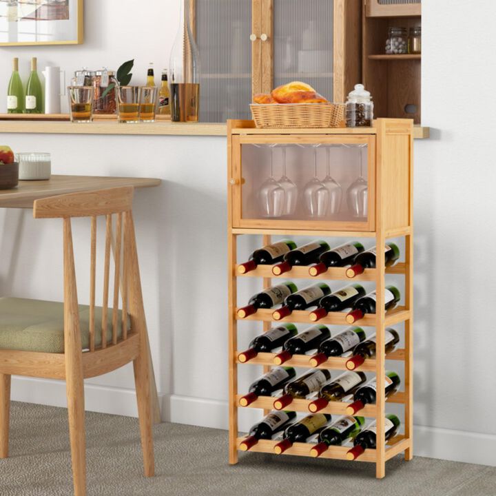 Hivvago 20-Bottle Freestanding Bamboo Wine Rack Cabinet with Display Shelf and Glass Hanger-Natural