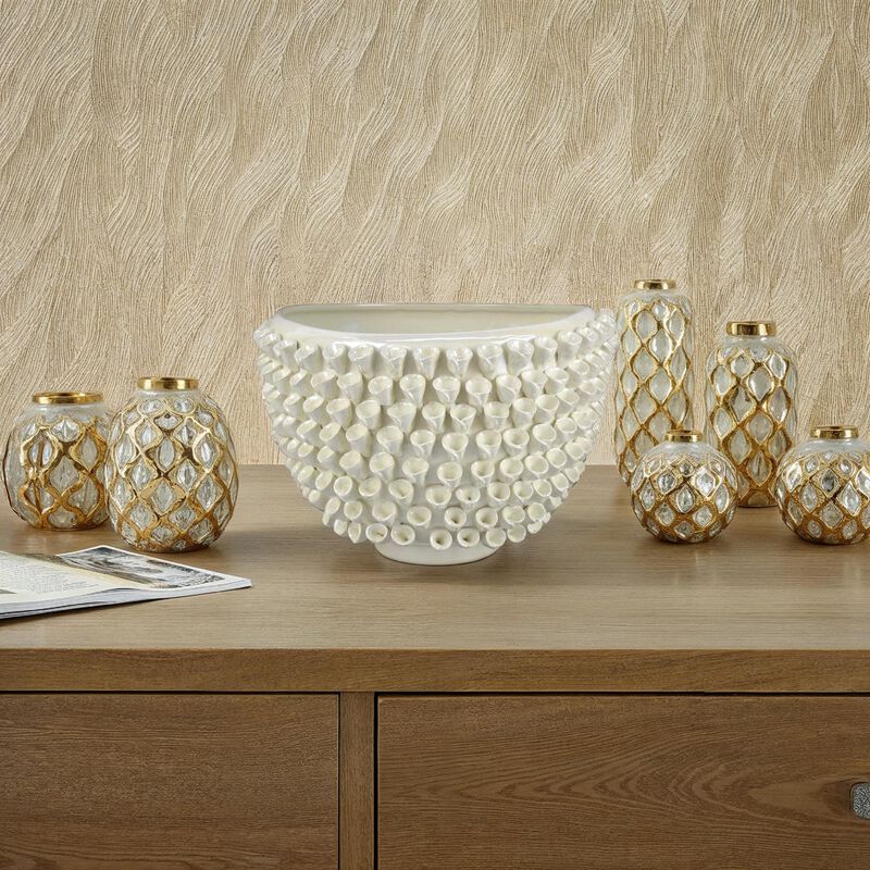 Modern Decorative Bowl, 3D Texture Embellished White Ceramic, 14 Inch - Benzara