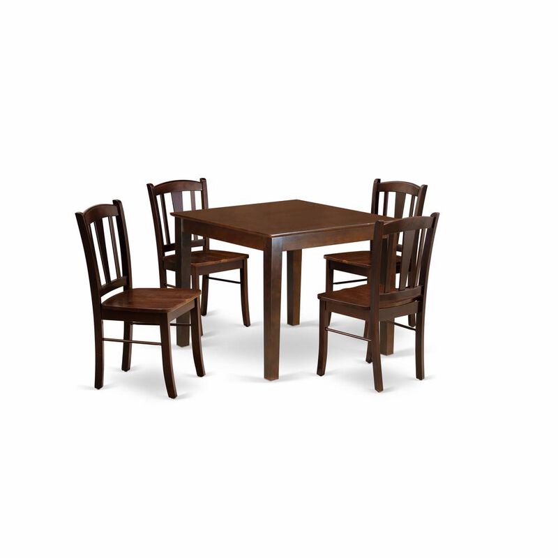 OXDL5-MAH-W - 5-Pc Dining Room Table Set- 4 Dining Chair and Dining Table - Wooden Seat and Slatted Chair Back - Mahogany Finish
