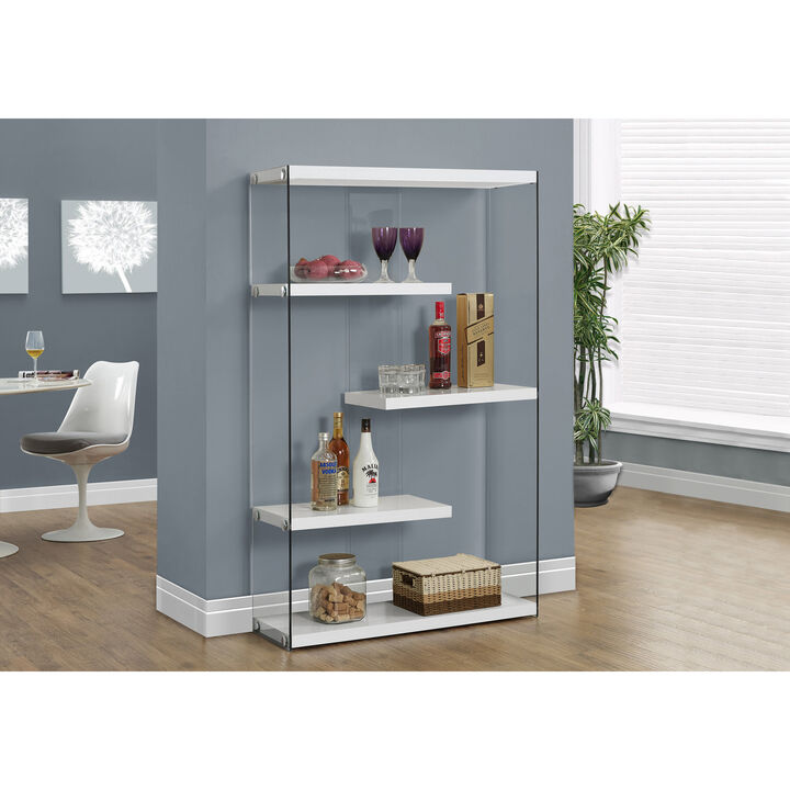 Monarch Specialties I 3290 Bookshelf, Bookcase, Etagere, 5 Tier, 60"H, Office, Bedroom, Tempered Glass, Laminate, Glossy White, Clear, Contemporary, Modern
