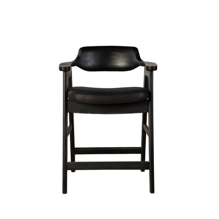 Zsy Counter Stool Chair, Open Back, Black Birch Wood and Faux Leather