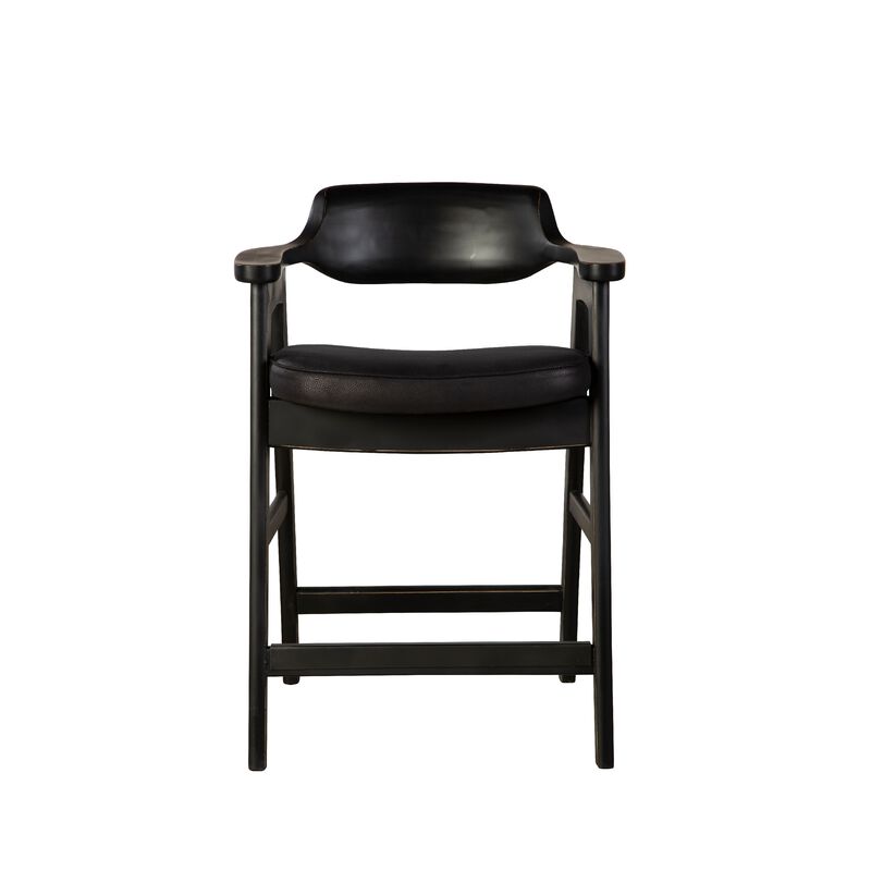 Zsy Counter Stool Chair, Open Back, Black Birch Wood and Faux Leather