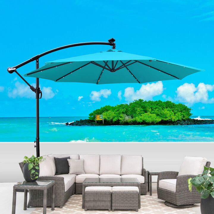 10 ft Outdoor Umbrella Solar Powered LED Light Sun Shade Market Waterproof with Crank and Cross Base