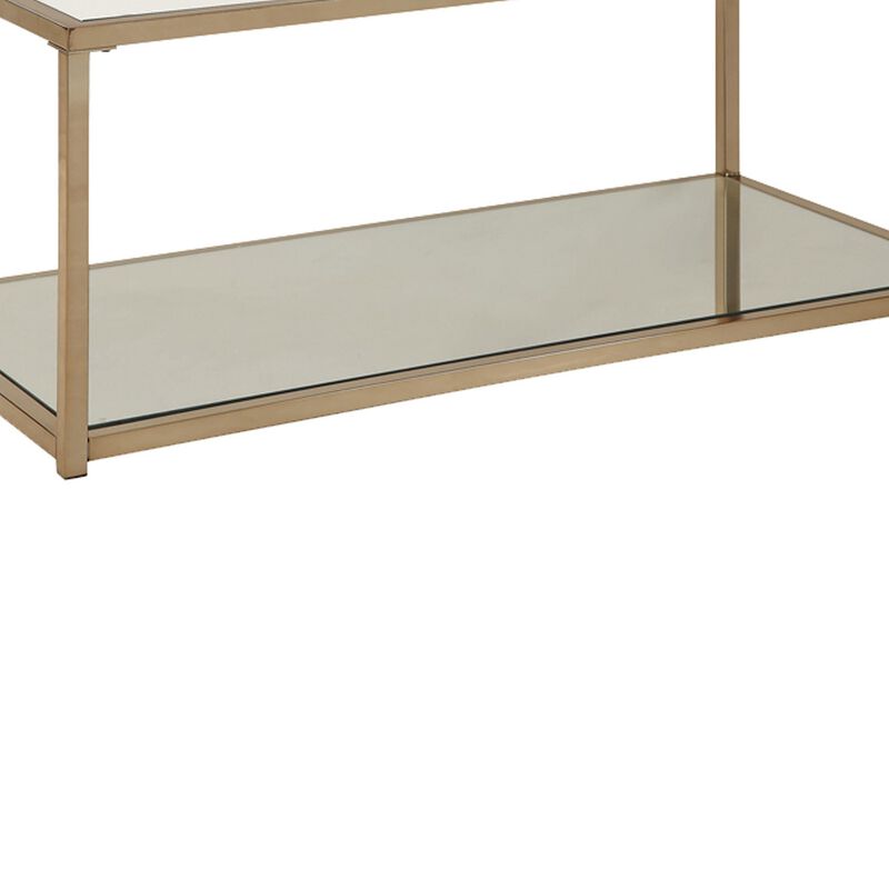 Glass Top Coffee Table with Metal Frame and Open Shelf, Brass-Benzara