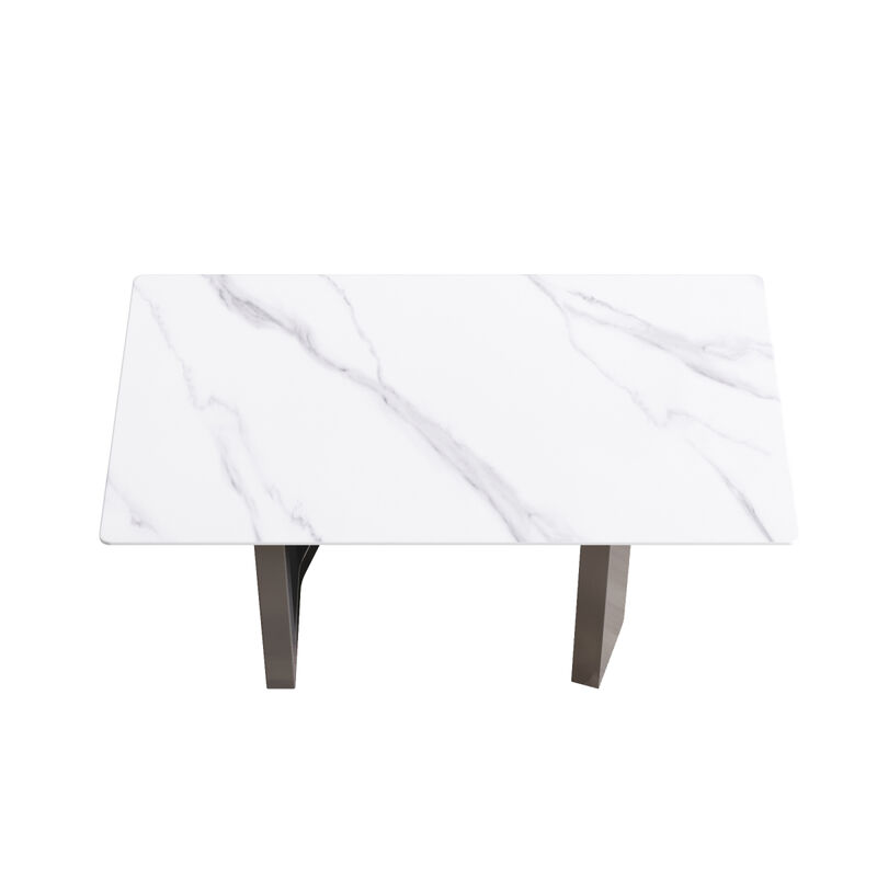 63" Modern artificial stone white straight edge black metal leg dining table -6 people