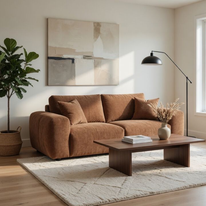 Becy Loveseat, 2 Pillows, Burnt Orange Chenille, 78 Inch Chunky Arms