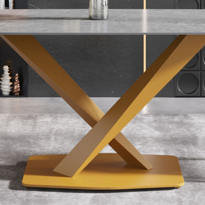 70.87" Modern artificial stone gray curved golden metal leg dining table-can accommodate 6-8 people