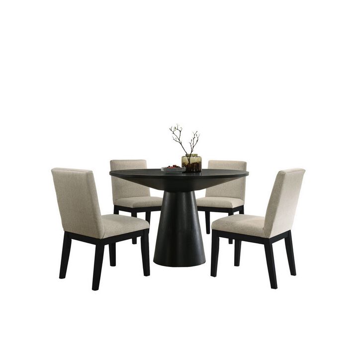 Yuvi 5 Piece Dining Table and Chair Set, Round Top, Beige Cushioned, Black - Benzara