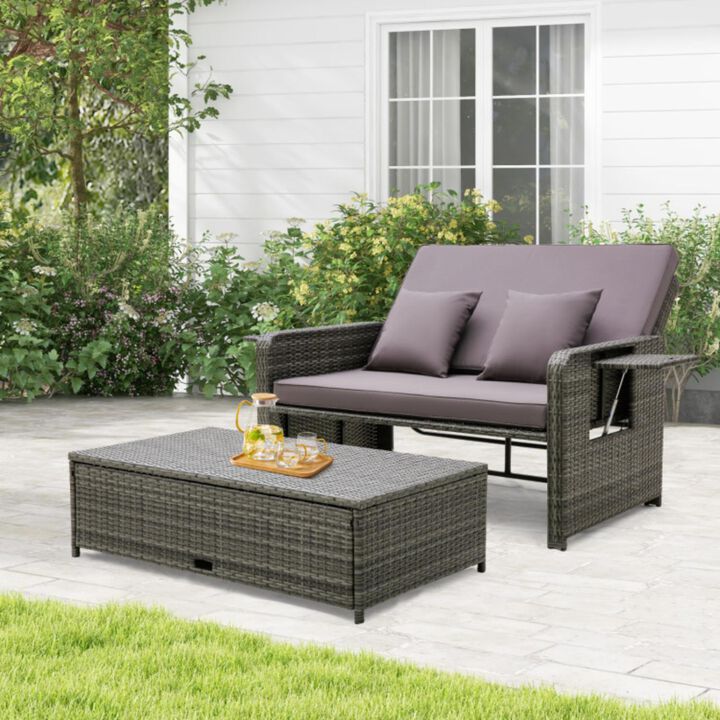 Hivvago Wicker Loveseat Sofa with Multipurpose Ottoman and Retractable Side Tray-Gray