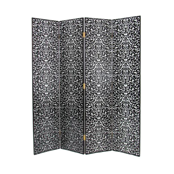 Wooden 4 Panel Room Divider with Scrolling Motifs