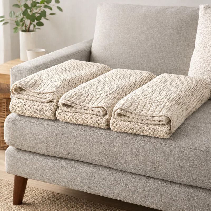 70 x 54 Leri Throw Blanket, Set of 3, Machine Knitted Gray Cotton image number 6