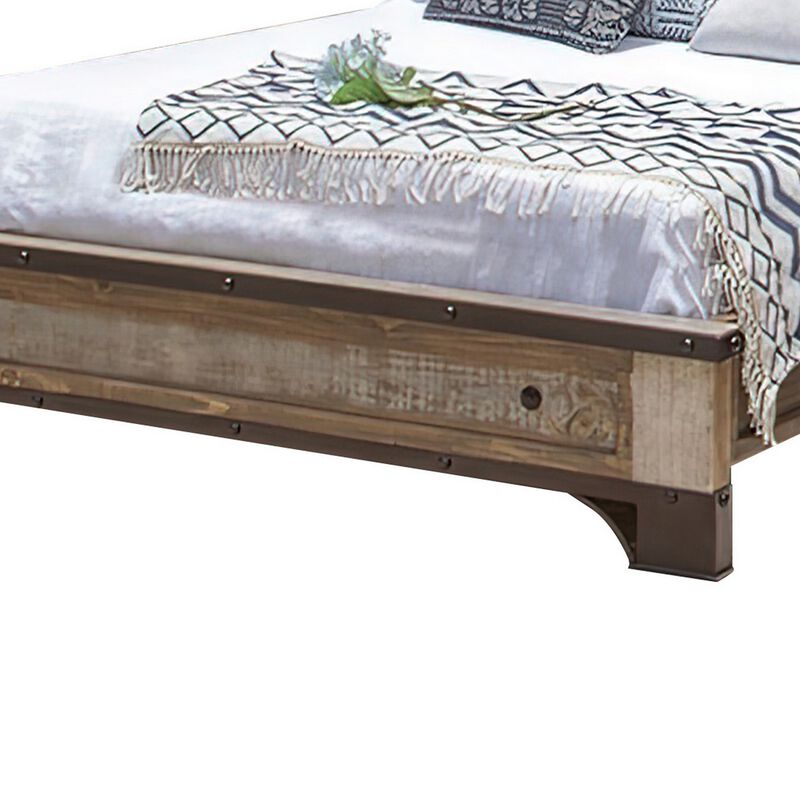 Fena Queen Size Bed, Round Black Nailheads, Distressed, Multicolor Brown