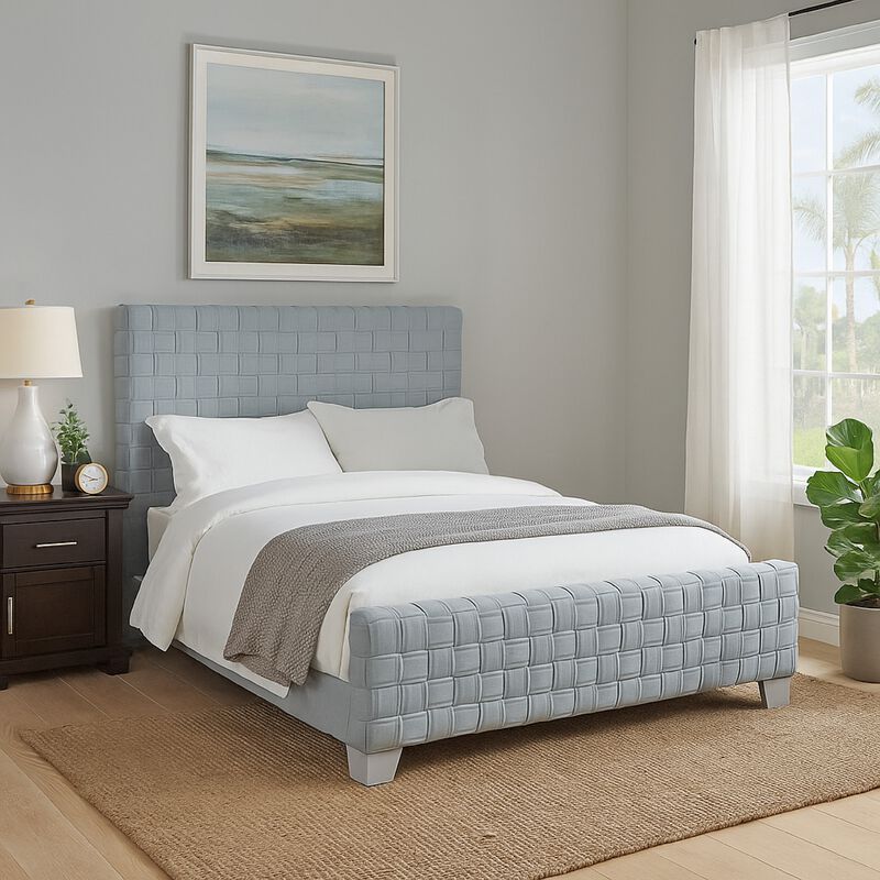 Reah King Size Bed, Light Teal Blue Chenille, Gray Panel Headboard