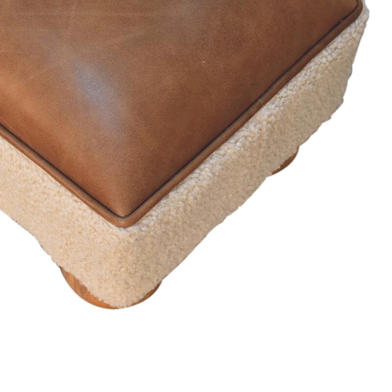 Tan Buffalo Leather Boucle Footstool with Ball Feet
