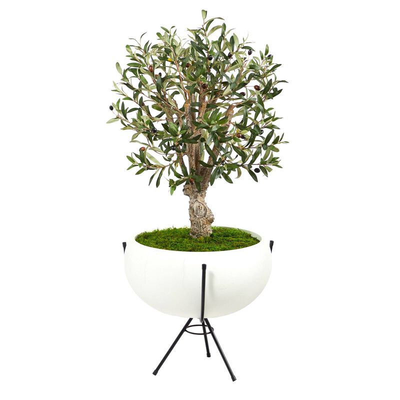 Nearly Natural 3-ft Olive Artificial Tree in White Planter with Metal Stand