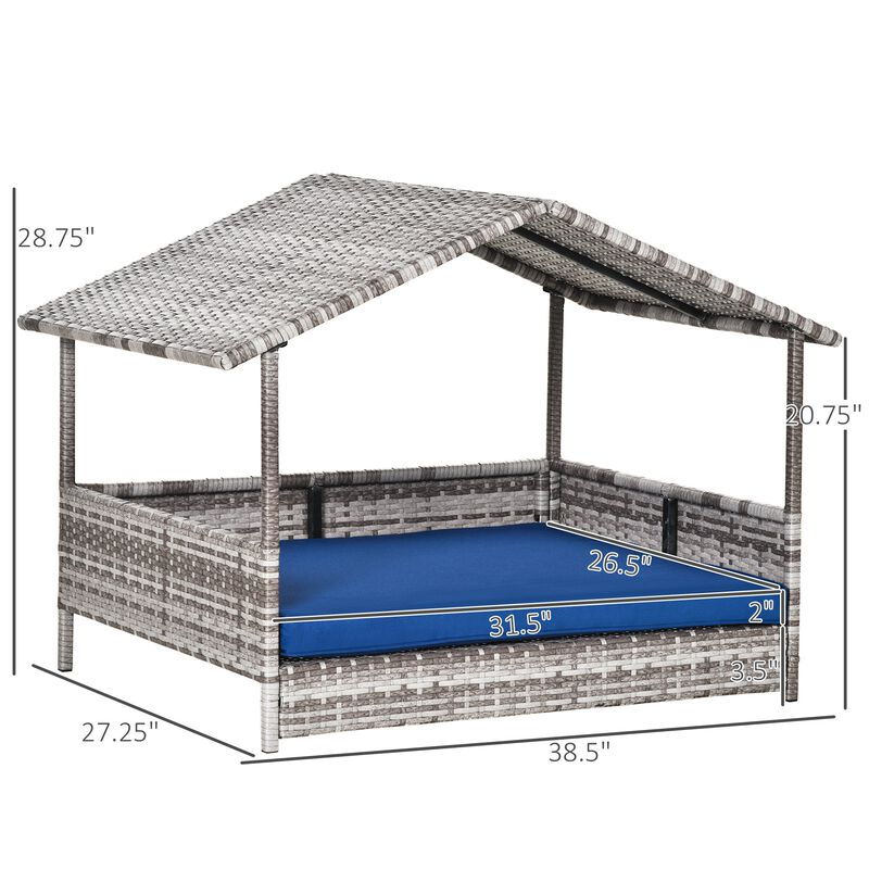 Wicker Dog House Elevated Raised Rattan Bed for Indoor/Outdoor with Removable Cushion Lounge, Dark Blue
