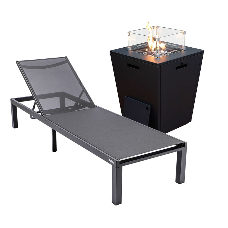 LeisureMod Marlin Modern Black Aluminum Outdoor Patio Chaise Lounge Chair in Black Frame with Square Fire Pit Side Table