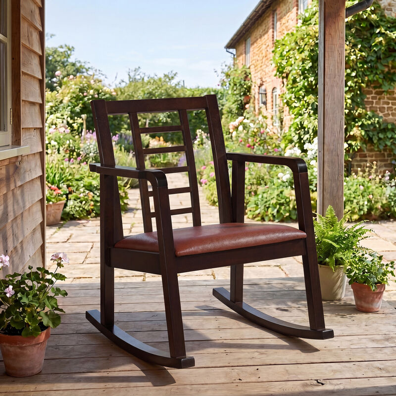 Wooden Rocking Chair Upholstered Seat Ladder Back Living Room Accent Seating image number 4