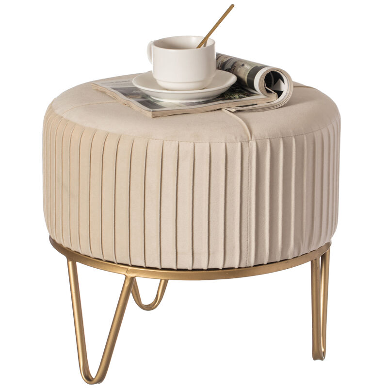 Round Velvet Ottoman Stool Raised with Hairpin Gold Base, Cream, Small