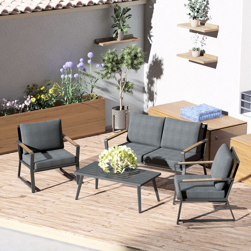 4 PC Aluminum Garden Sofa Set Widened Seat, Coffee Table & Cushions, Dark Grey