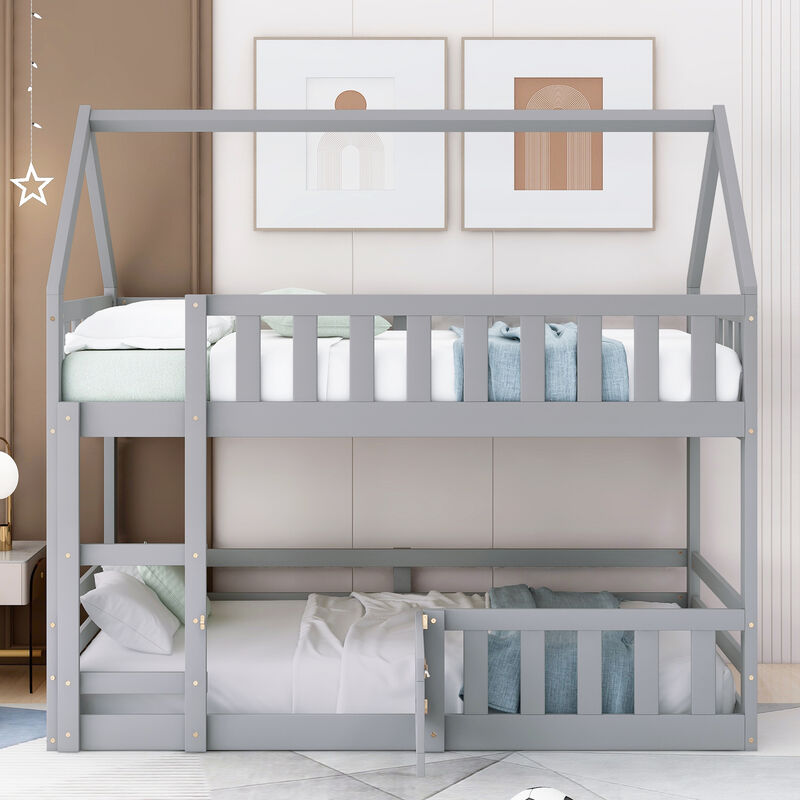 Whisen Wood Twin over Twin House-Shaped Bunk Bed with Fence with Door and Ladder - White