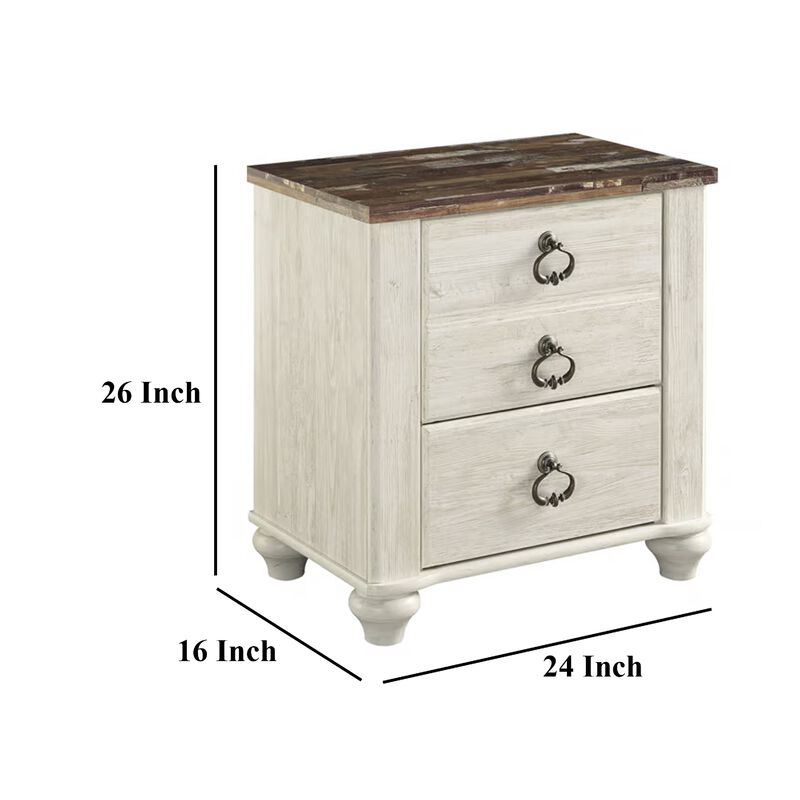 Isla Nightstand, 2 Drawers, 2 USB, Brown Wood Top, Rustic Whitewash