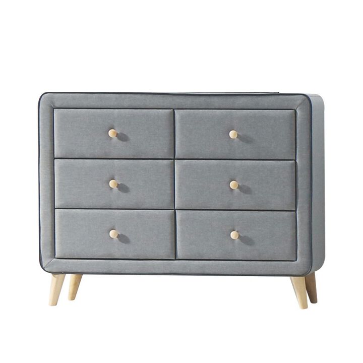 Transitional Style Wood and Fabric Upholstery Dresser with 6 Drawers, Gray-Benzara