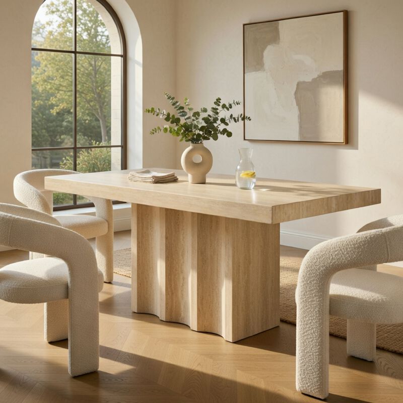 Pia Dining Table, 71 Inch Travertine Top, Fluted Pedestal Base, Brown image number 8