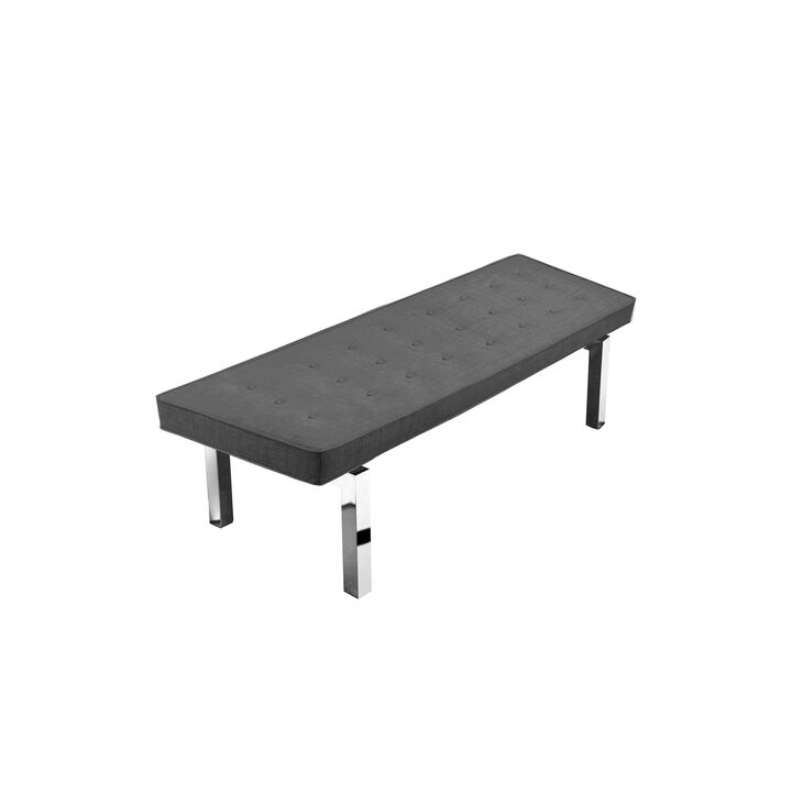 Yoma 65 Inch Bench, Button Tufted Seat, Charcoal Gray Fabric, Chrome Legs - Benzara