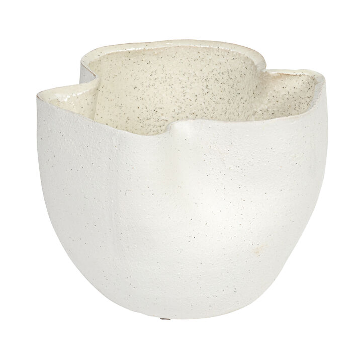 7.25 Inches Stoneware Ruffled Planter with Sand Finish and Reactive Glaze, Holds 4 Inches Pot, White