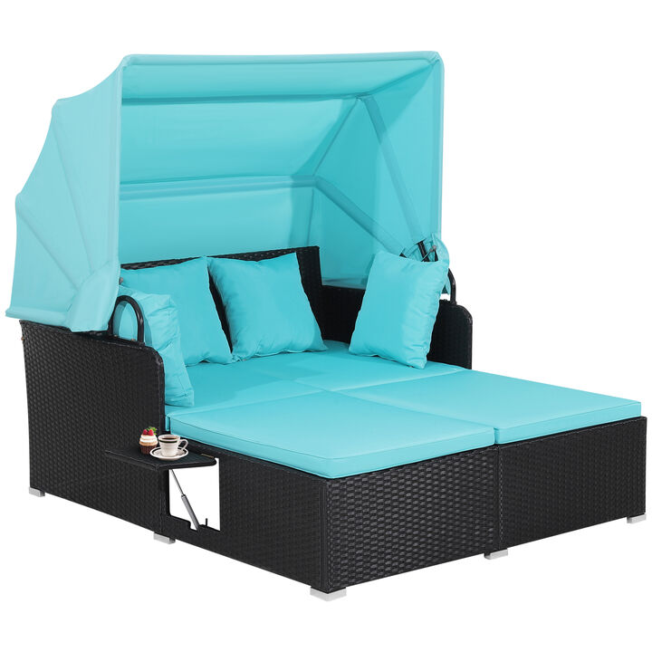 Outdoor Rattan Daybed with Adjustable Canopy and Built-In Side Tables