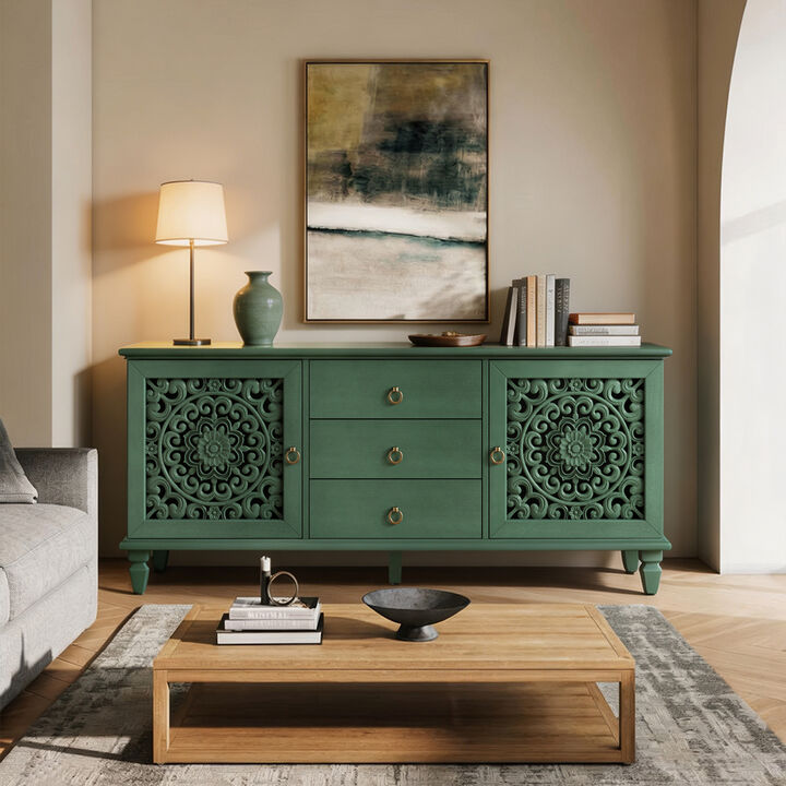 Farmhouse TV Stand with Hollow Carved Doors, Vintage Sideboard Buffet Storage Cabinet, Retro Freestanding Console Table