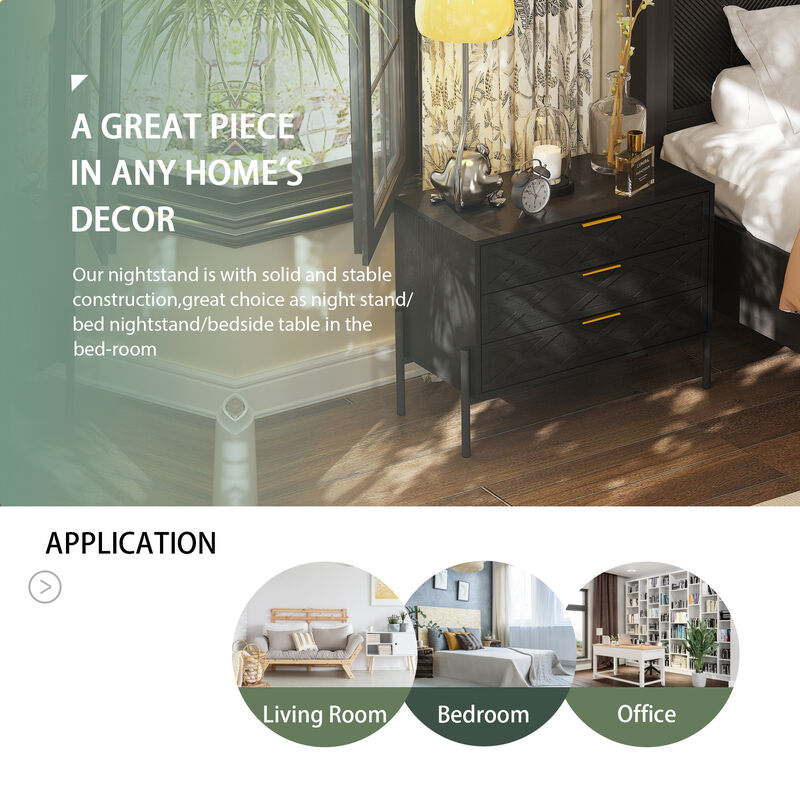 FUFU&GAGA Black 3-Drawer Nightstands with Gold Handles and Metal Legs, P2 Particleboard, (31.5" W x 23.6" H x 15.4" D), Black