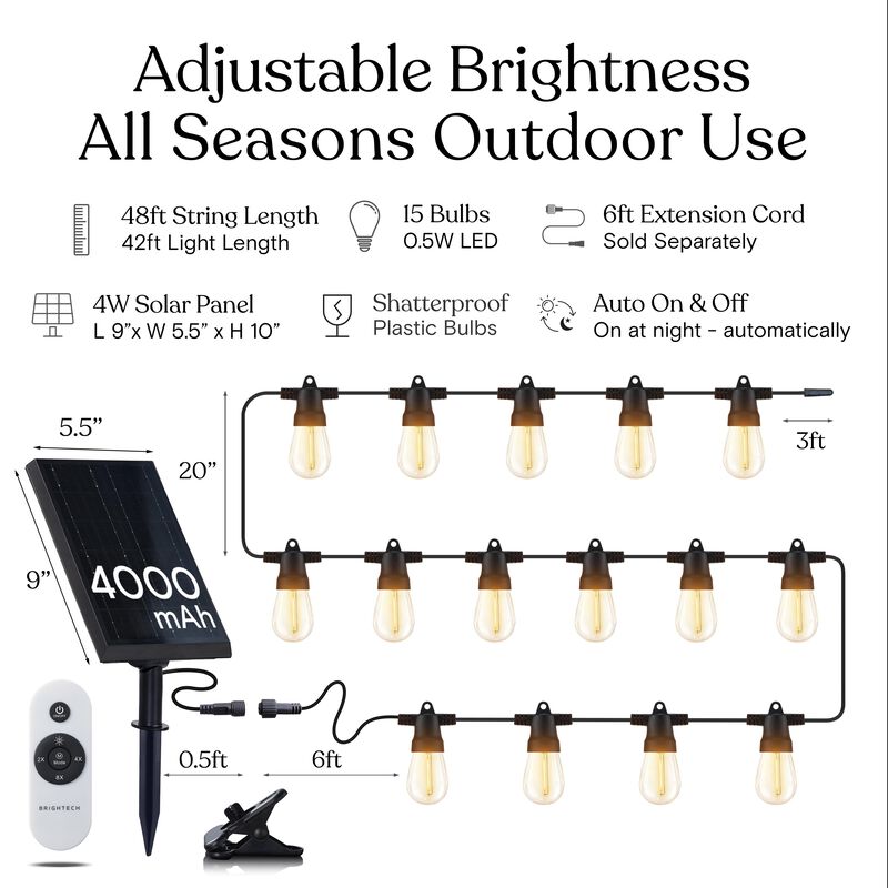 Brightech Ambience Pro Solar LED String Lights - Super Bright 48Ft Remote Control Outdoor String Lights with 14 Shatterproof Bulbs, Waterproof Patio Lights, 4W Soft White