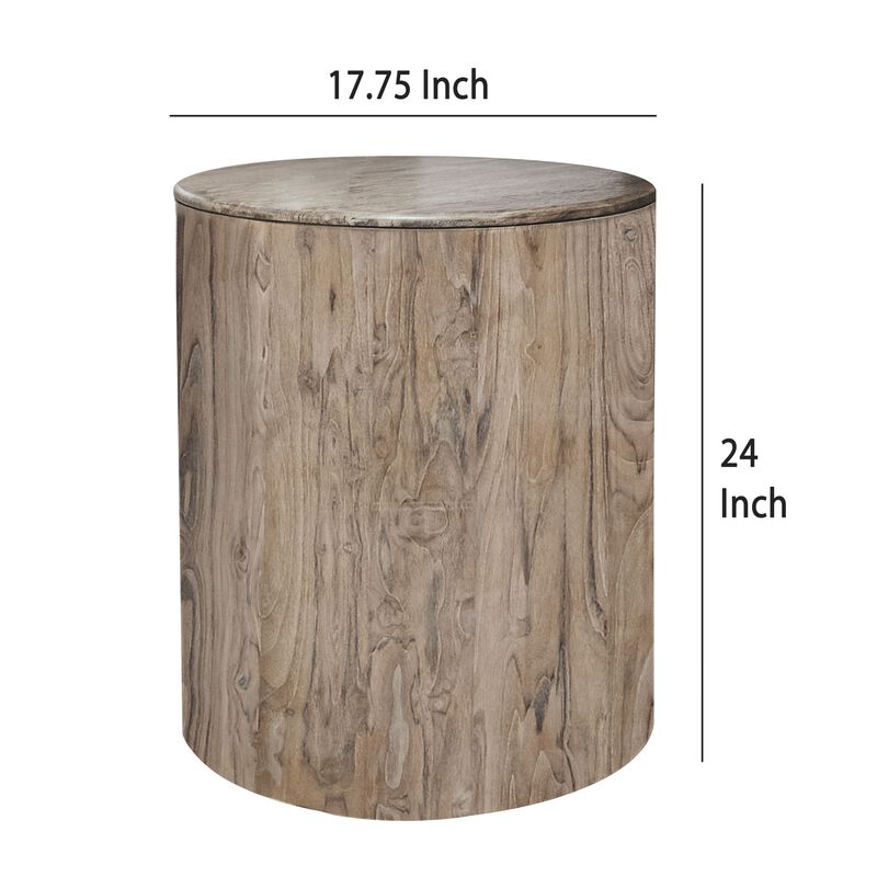 Eray Chairside Table, Drum Shape, Light Brown Teak, Mango Wood, 18 In image number 4