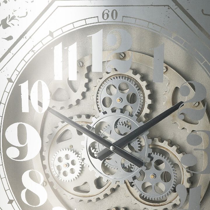 Viry 24 Inch Square Wall Clock, Analog Gear Design, Black White Iron Finish - Benzara