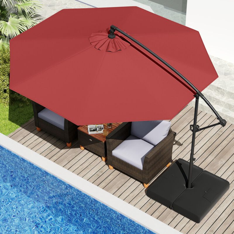 10 Feet Offset Hanging Umbrella with Base Patio Cantilever Umbrella with Tilt-Red image number 2
