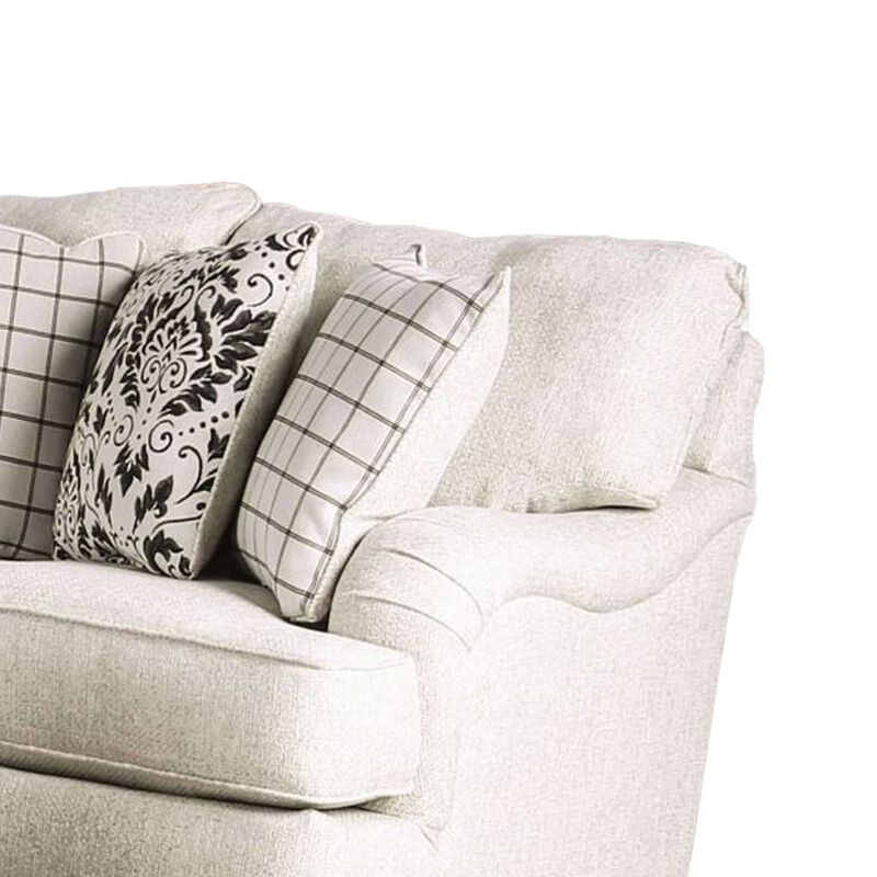 Selly Loveseat, Ivory Fabric, 4 Accent Pillows, Pleated Arms, 65 Inch - Benzara - Benzara image number 2