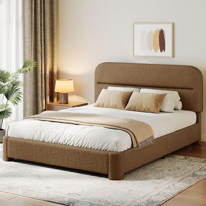 Vipbear Upholstered Boucle Platform Bed Frame with Adjustable Wide Headboard, Wooden Slats, Coffee image number 2