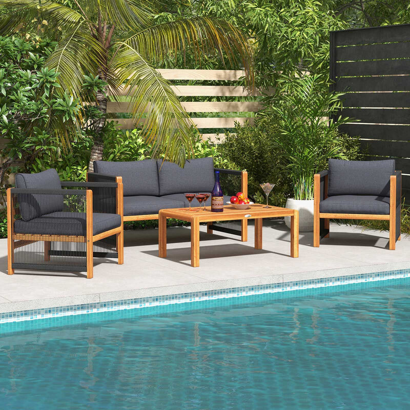 4 Pieces Acacia Wood Outdoor Patio Furniture Set with Cushions