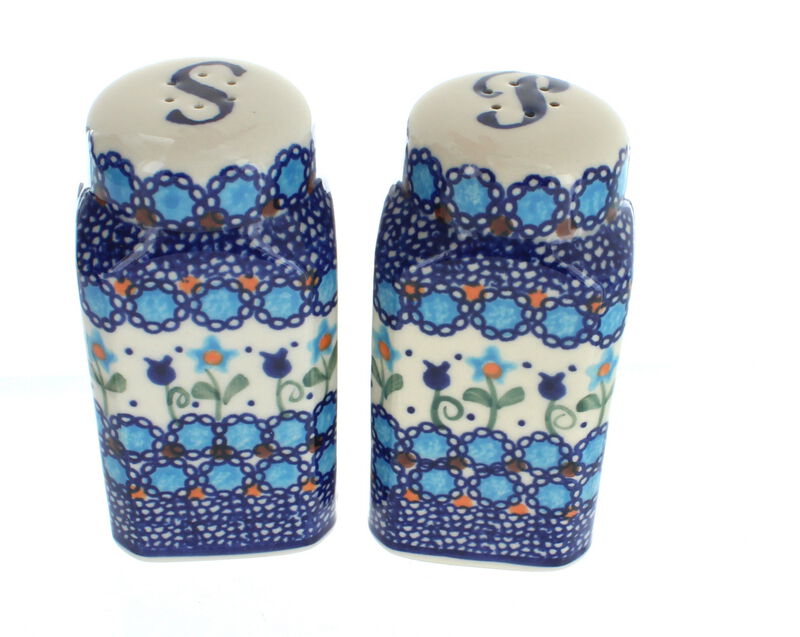 Blue Rose Polish Pottery Aztec Flower Salt & Pepper Shakers