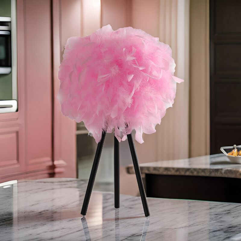 Rio 21 Inch Accent Table Lamp, Pink Feather Shade, Black Metal Tripod Base - Benzara