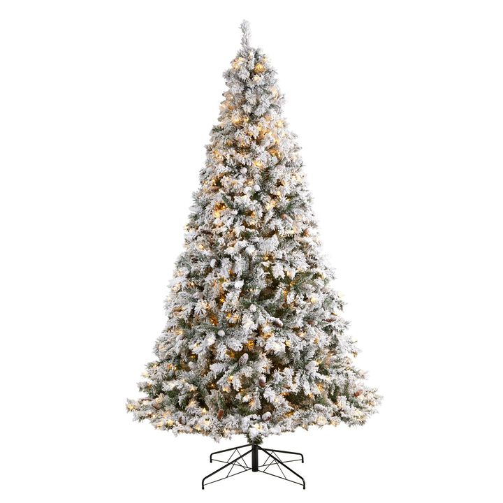 Nearly Natural Flocked White River Mountain Pine Artificial Christmas Tree with Pinecones and Clear LED Lights