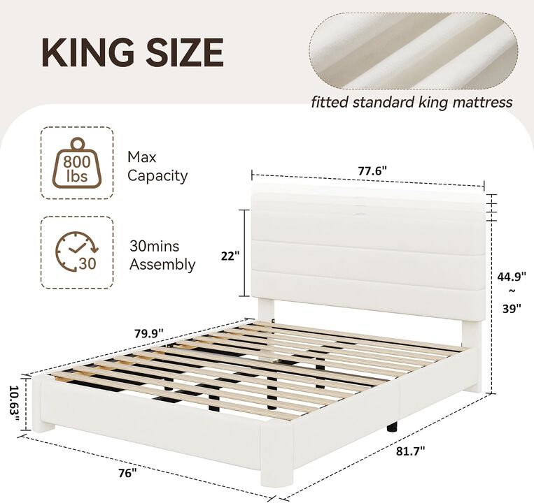 Vipbear Velvet Platform Bed Frame with Adjustable Headboard USB Charging Ports Noise Free, White