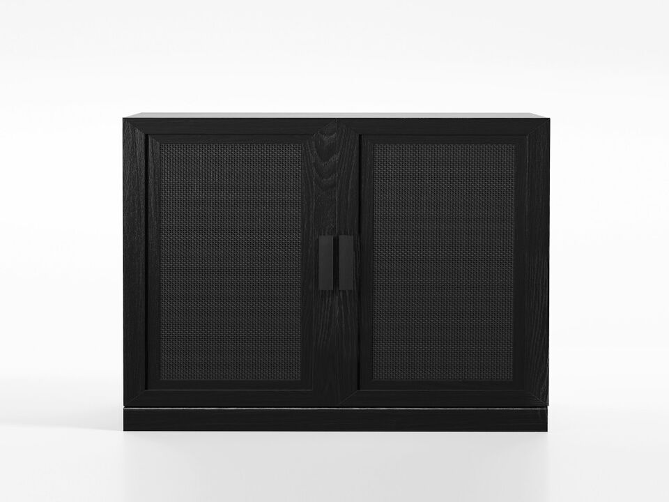 62" High Black Wicker Door Wood Grain Decorative Storage Cabinet with 12 Shelves