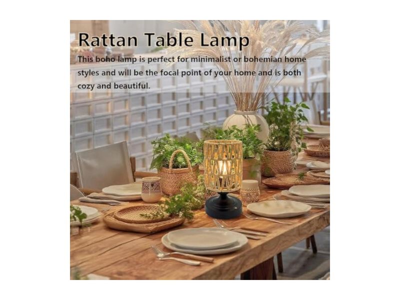 Rechargeable Cordless Dimmable Farmhouse Rattan Desk Lamp For Living Room image number 2