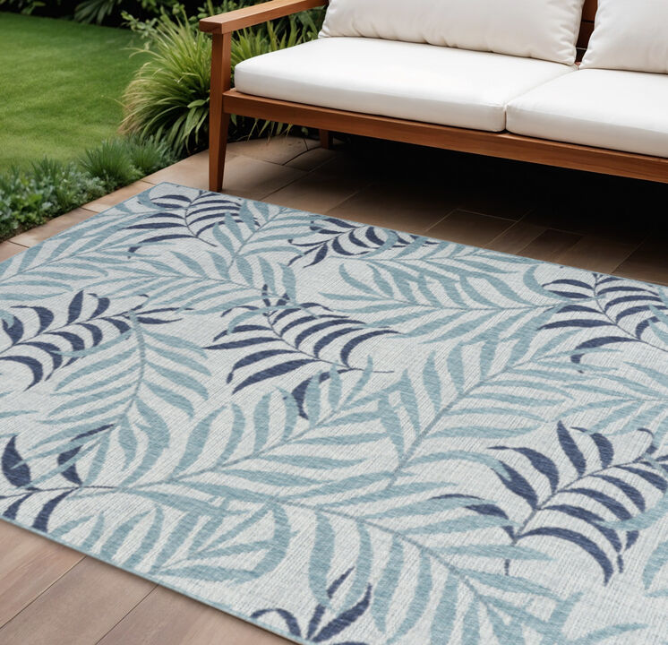 HomeRoots 9' X 12' Ivory Sky Blue And Blue Palm Leaf Indoor Outdoor Area Rug