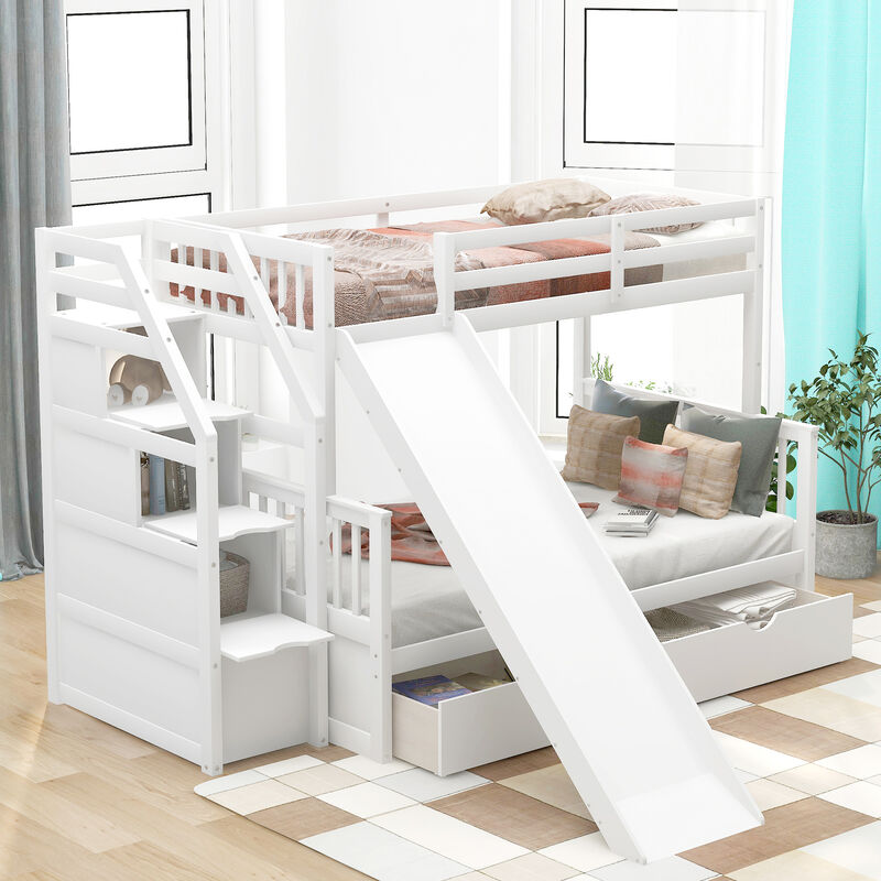 Whisen Twin over Full Bunk Bed with Drawers, Slide & Storage, Solid Pine for Kids Bedroom image number 5